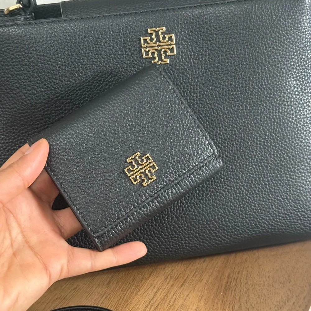 880+! New Tory Burch Britten in black Leather Satchel and Britten bifold wallet